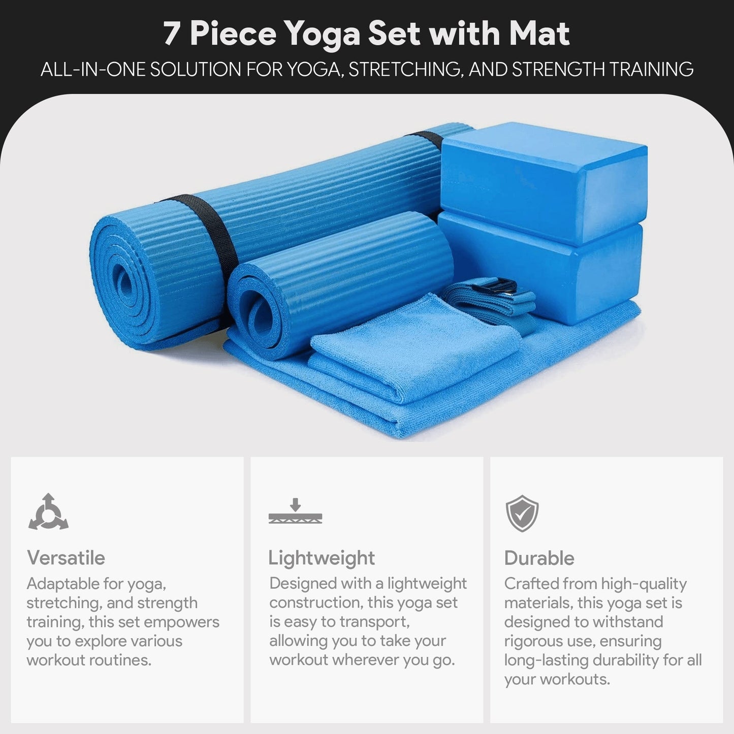 Conjunto de ioga BalanceFrom Fitness com 7 peças, tapete, faixa elástica e joelheira, azul