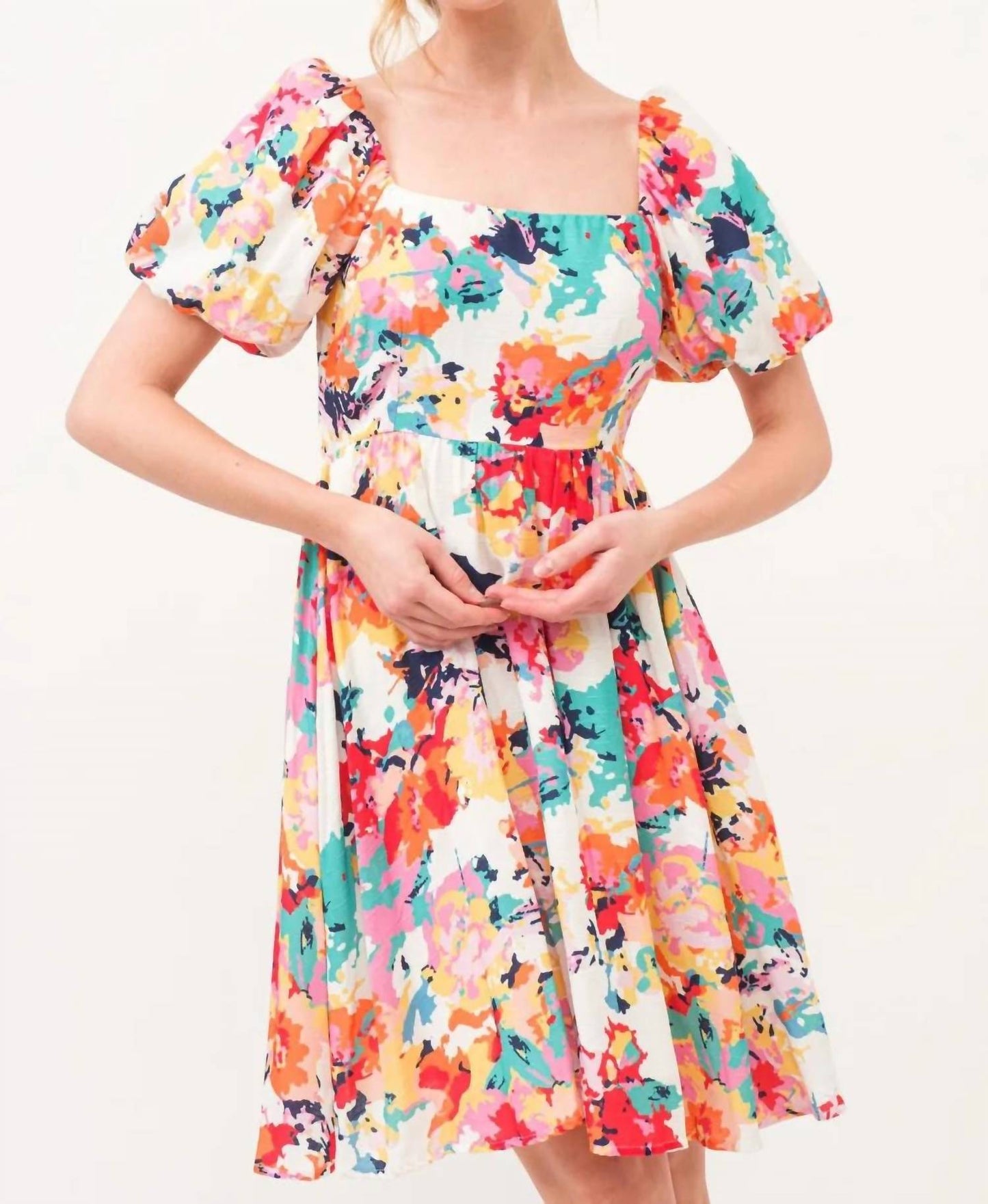 And The Why - Square Neck Puff Sleeve Floral Dress