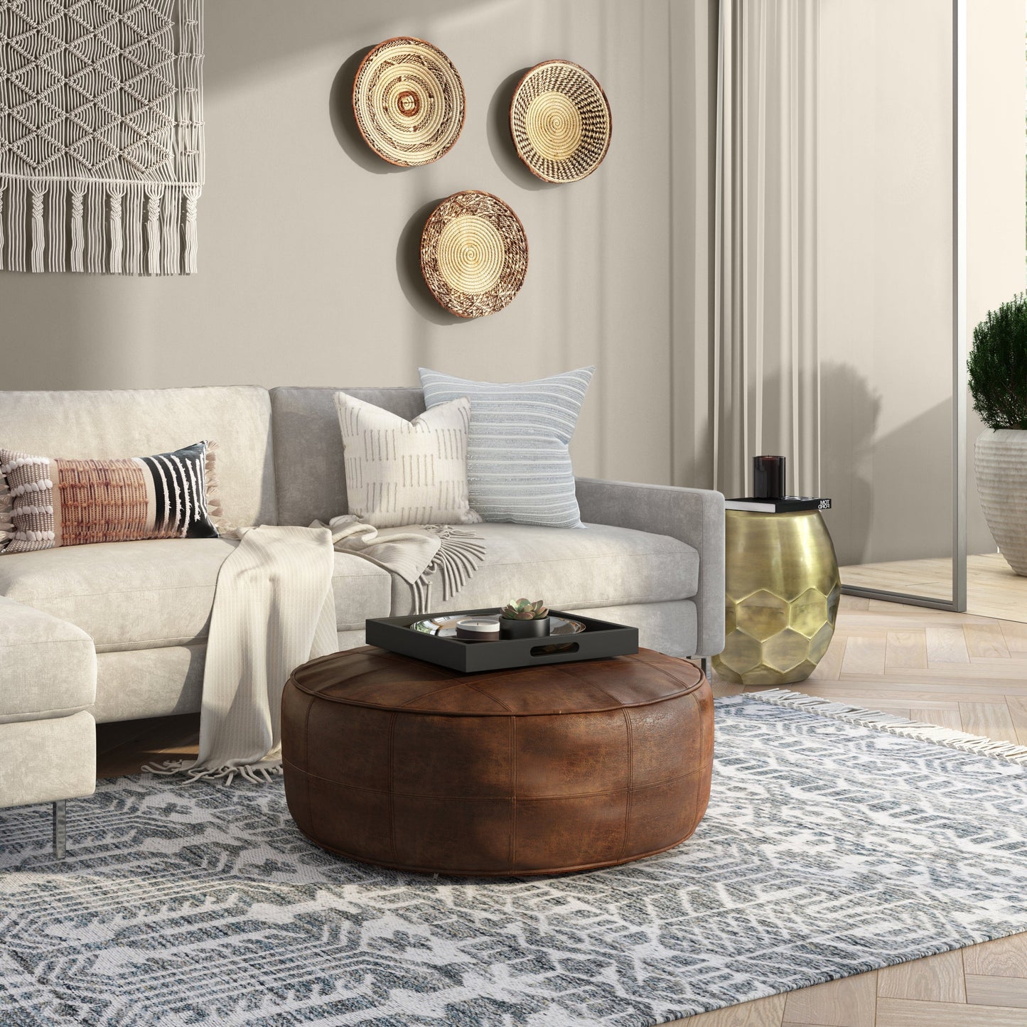 Connor 34" Round Coffee Table Pouf - Distressed Brown