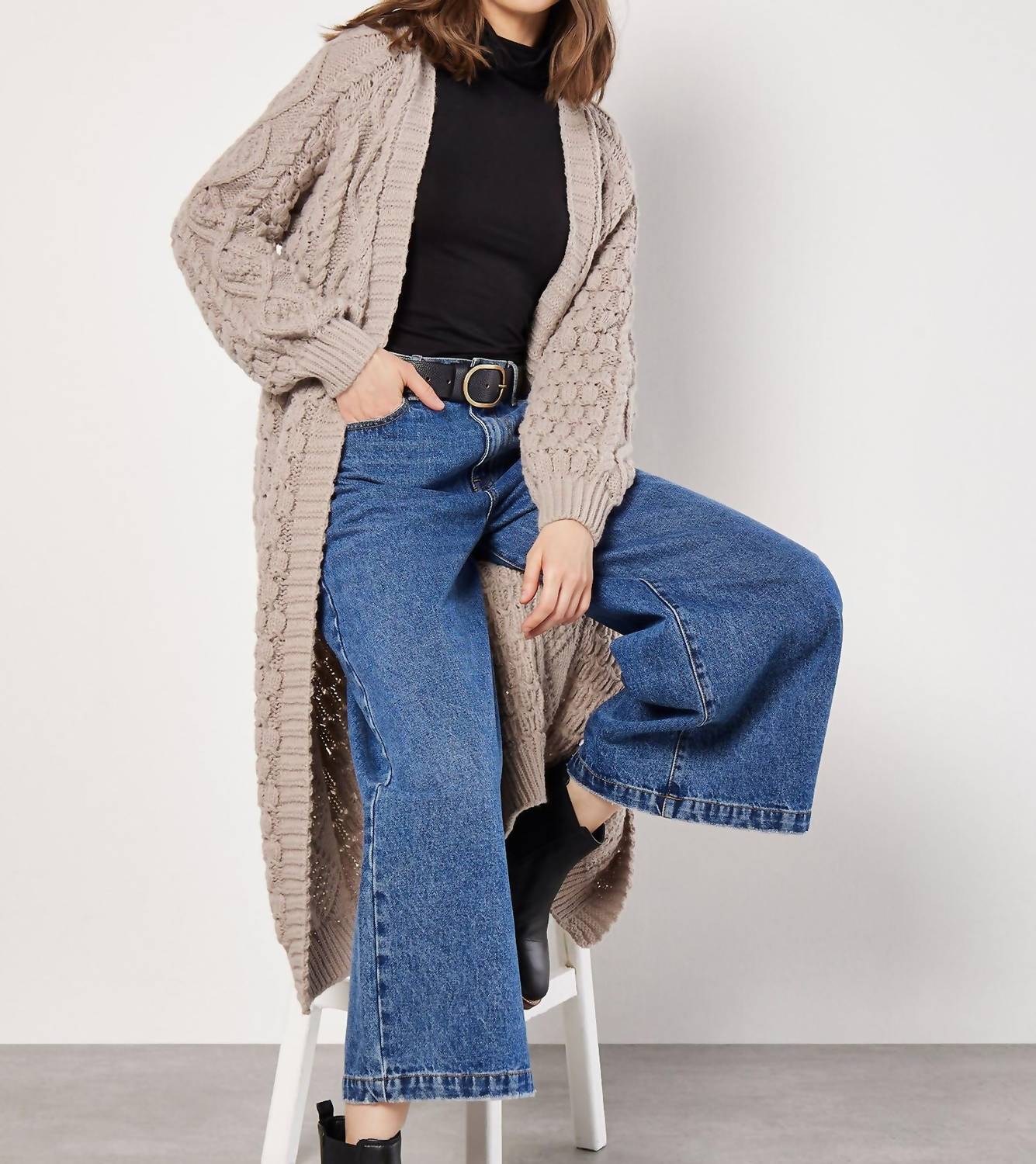 Apricot - Chunky Cable Knit Midi-Cardigan