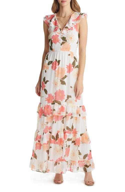 Floral Print Tiered Chiffon Dress - Cream Multi