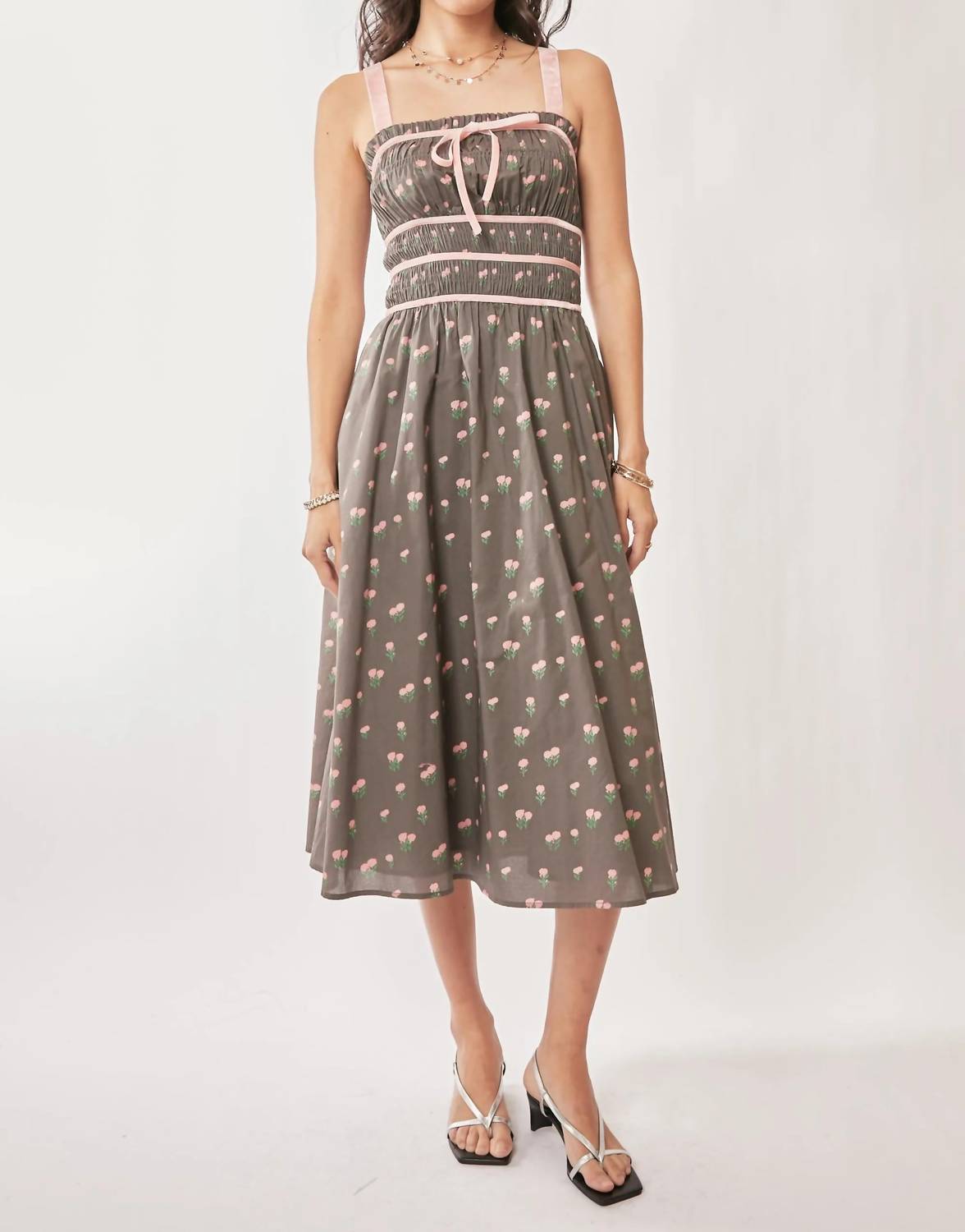 Trendsi - Davi & Dani Contrast Velvet Tape Smocking Bodice Midi Dress