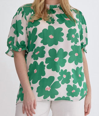Entro - Poppy Floral Mock Neck Puff Sleeve Top