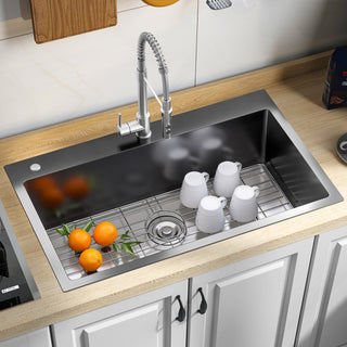 Pia de cozinha embutida de aço inoxidável preto de 33 polegadas