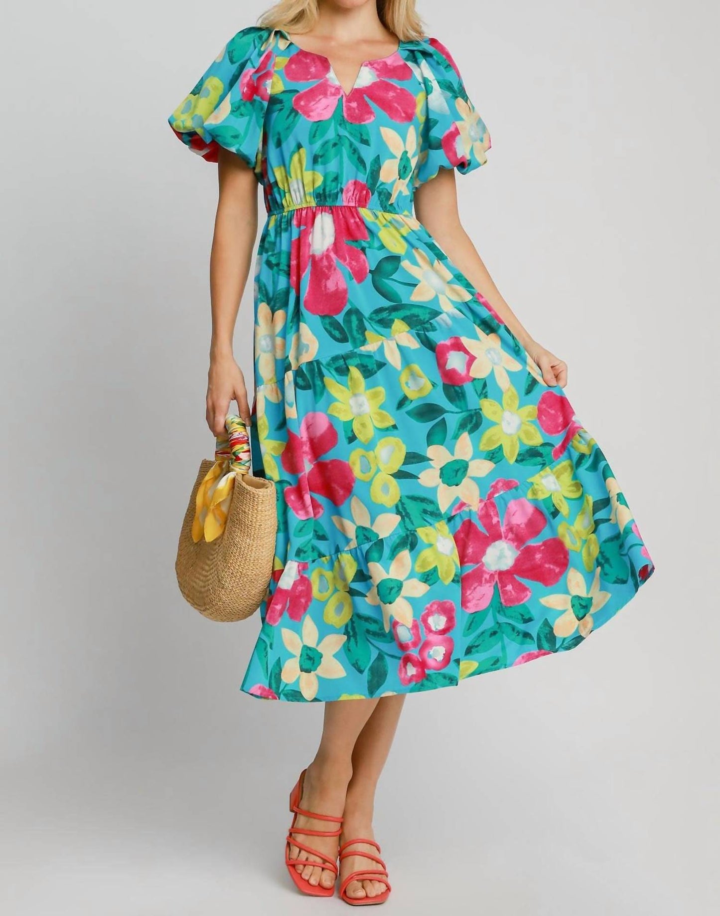 Trendsi - Umgee Full Size Tiered Floral Print Notched Puff Sleeve Midi Dress Plus Size