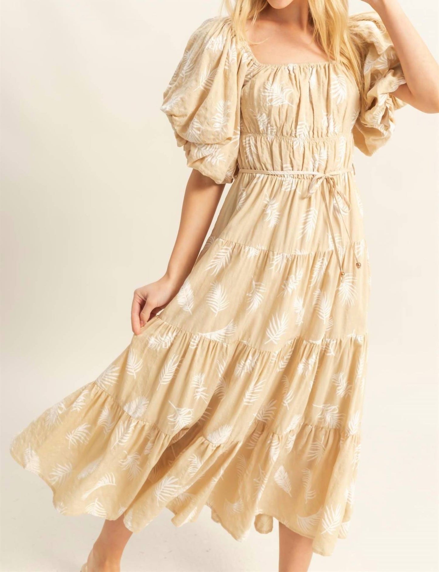 Hyfve - Leaf Print Puff Sleeve Tiered Midi Dress