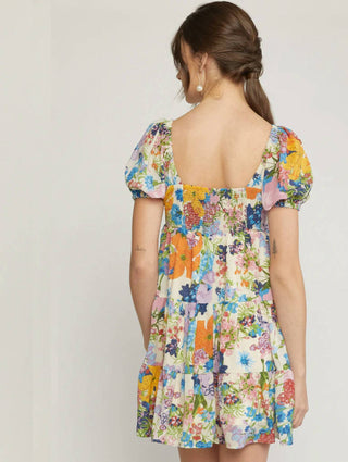 Entro - Floral Print V-neck Puff Sleeve Babydoll Dress