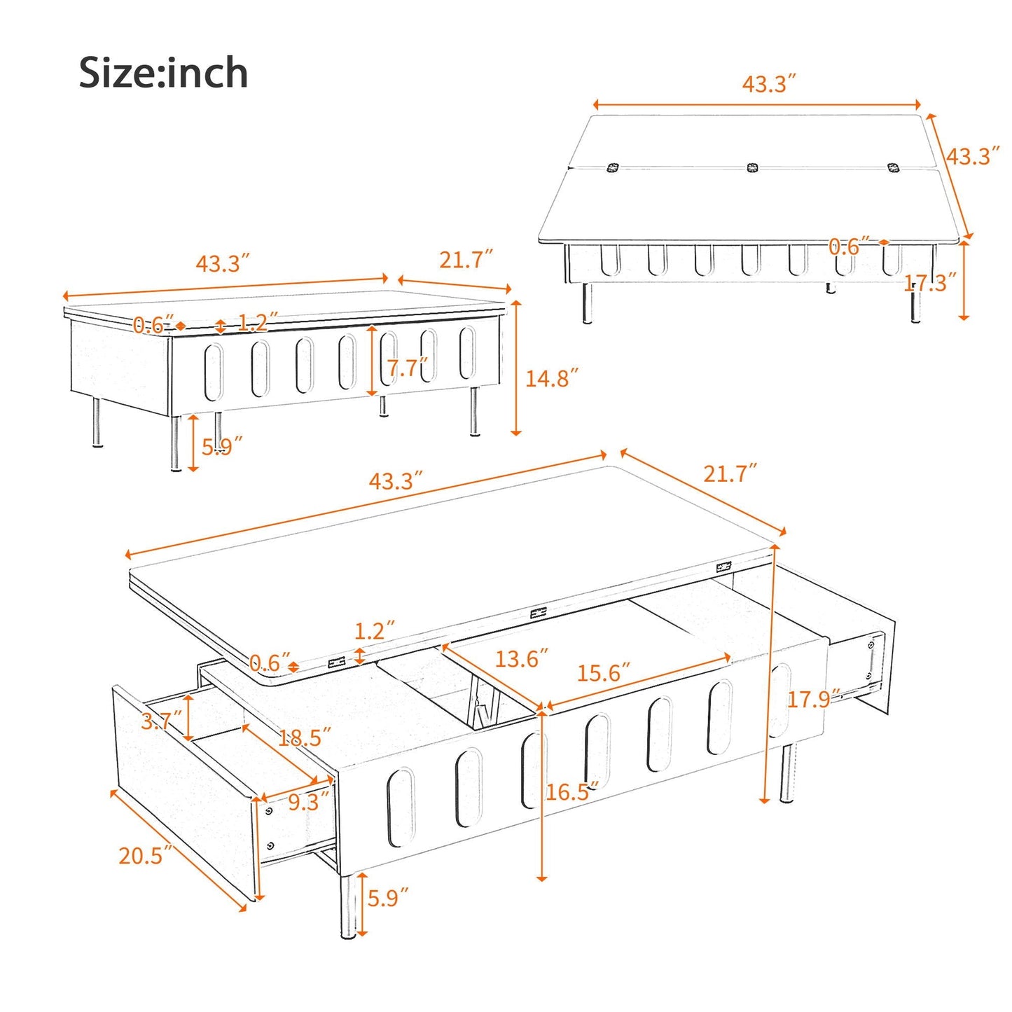 Lift Top Coffee Table with 2 Drawers and Hidden Storage for Living Room