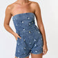 Blue Blush - Floral Embroidered Strapless Romper