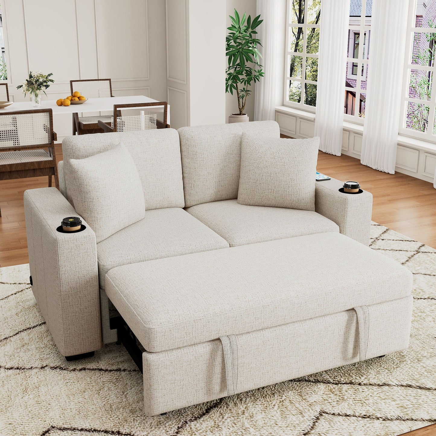 Modern 2 Seater Loveseat Sofa With Pull-Out Bed, Fabric, USB Ports & Cup Holders