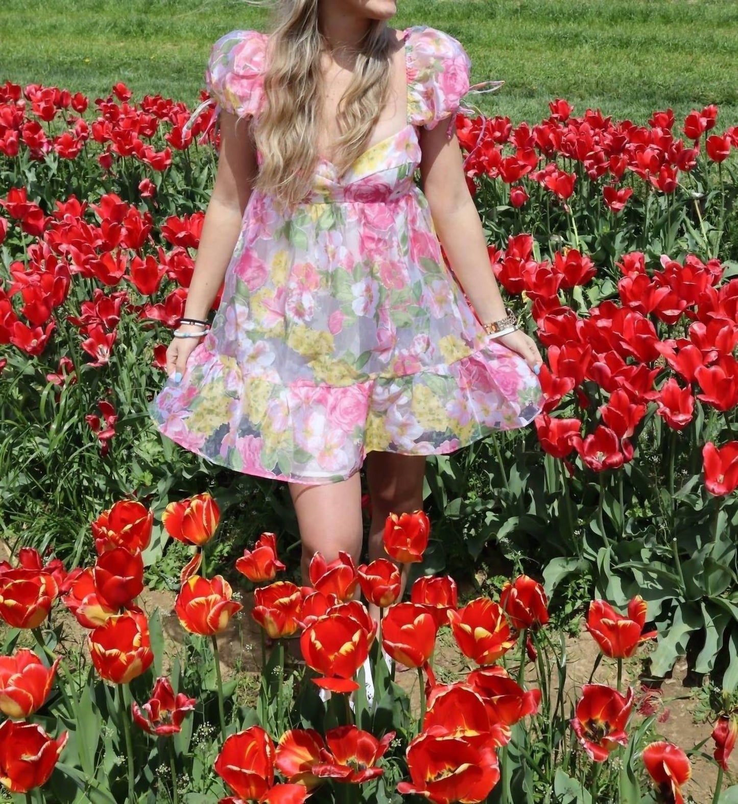 Olivaceous - Bardot Tulle Floral Babydoll Dress