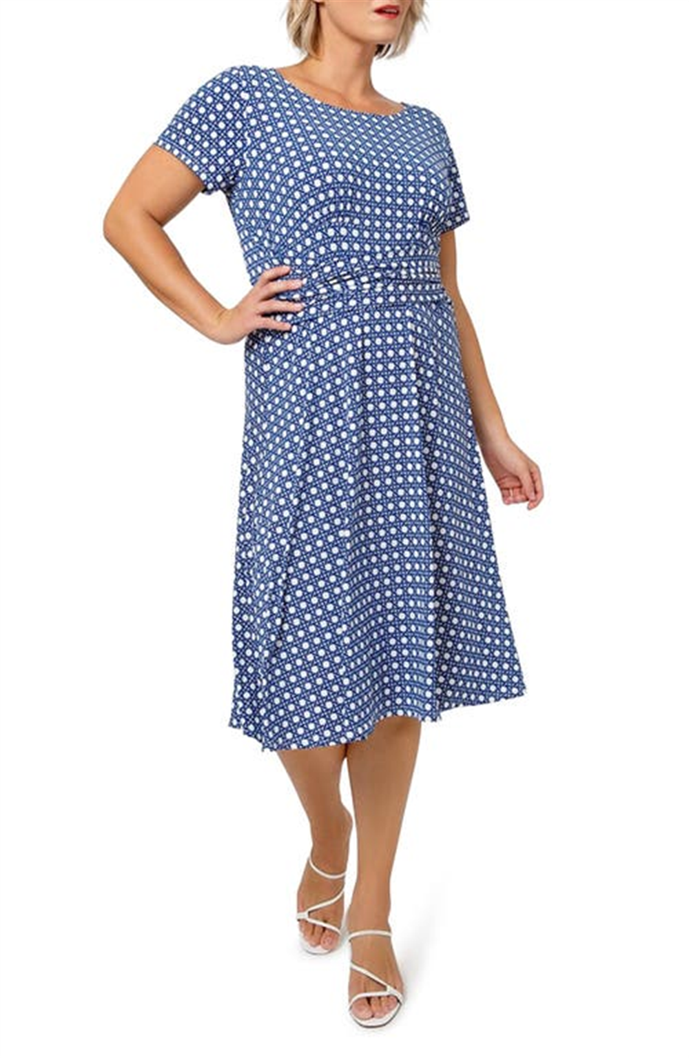Vestido midi de malha com estampa Brittany e ajuste evasê Leota feminino, azul, tamanho 1X