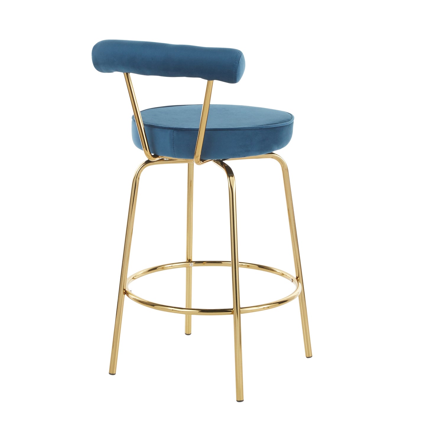 Rhonda Glam Counter Stool in Gold Metal and Blue Velvet - Set of 2