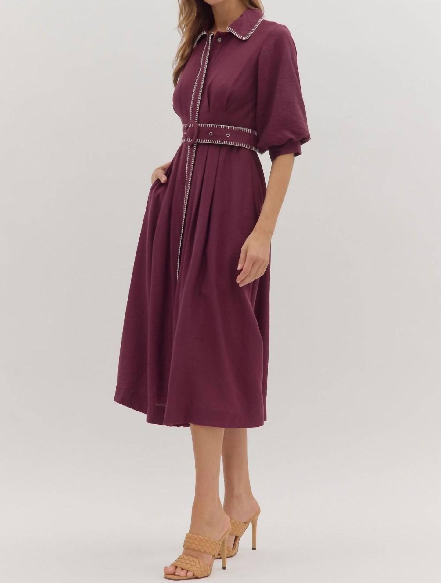 Entro - Puff Sleeve Blanket Stitch Det Midi Dress