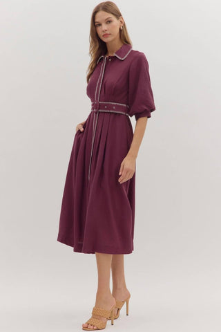 Entro - Puff Sleeve Blanket Stitch Det Midi Dress