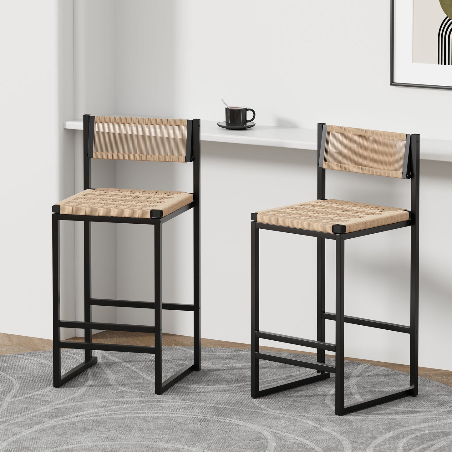 Kitchen Bar Stools with Footrest Set of 2 Paper Rope Weave Dining Chairs