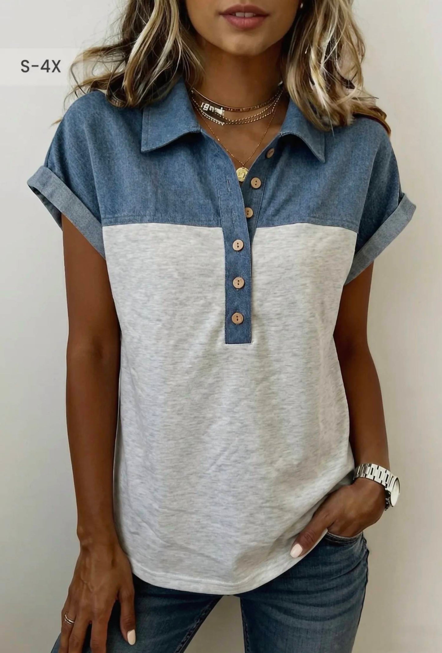 66Disco - Color block denim patchwork plus size polo collar top