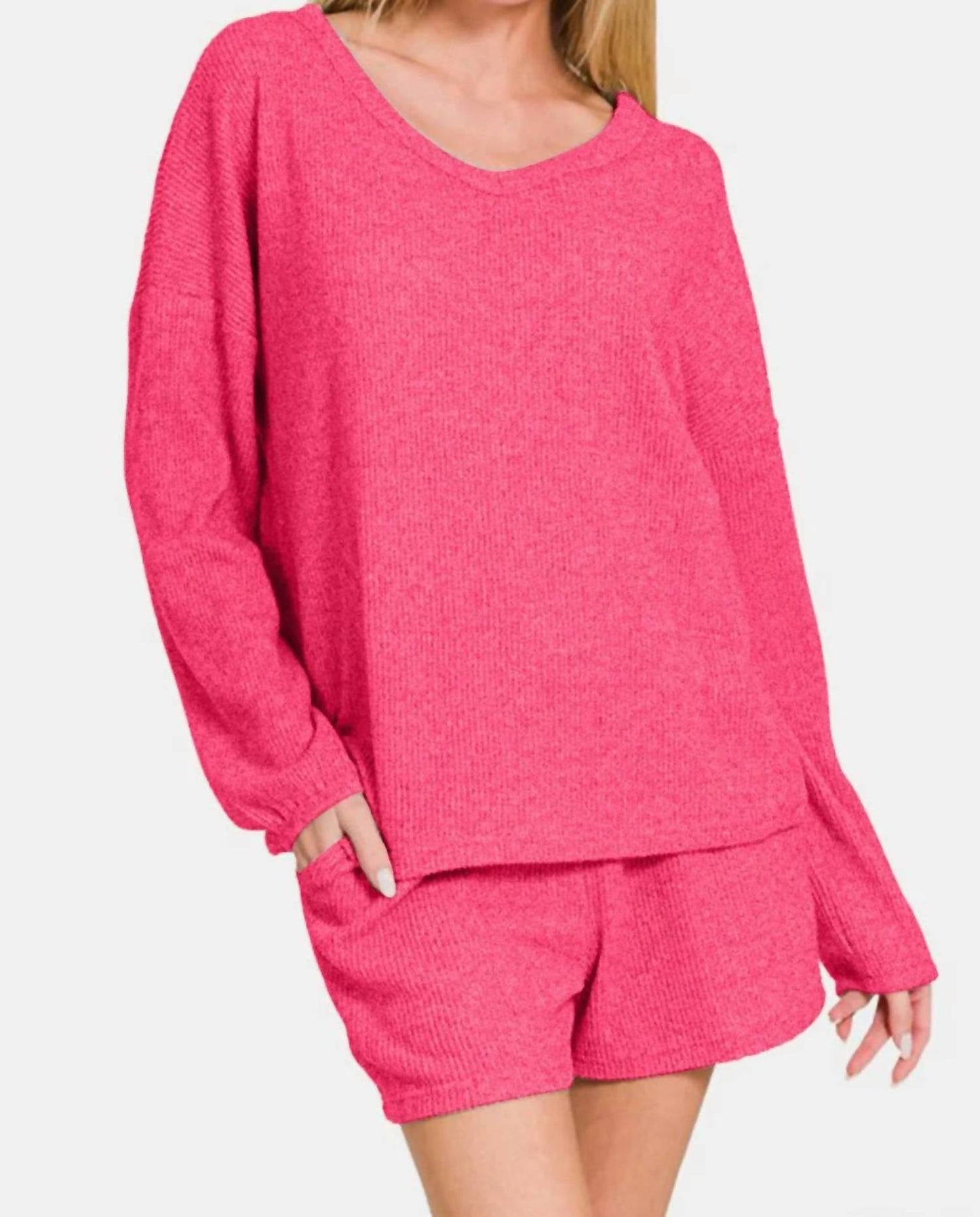 Zenana - V-neck Long Sleeve Ribbed Top And Shorts Set