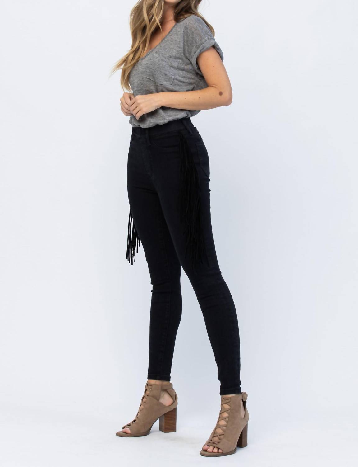 Judy Blue - High Waist Side Fringe Skinny Jegging Denim Jeans
