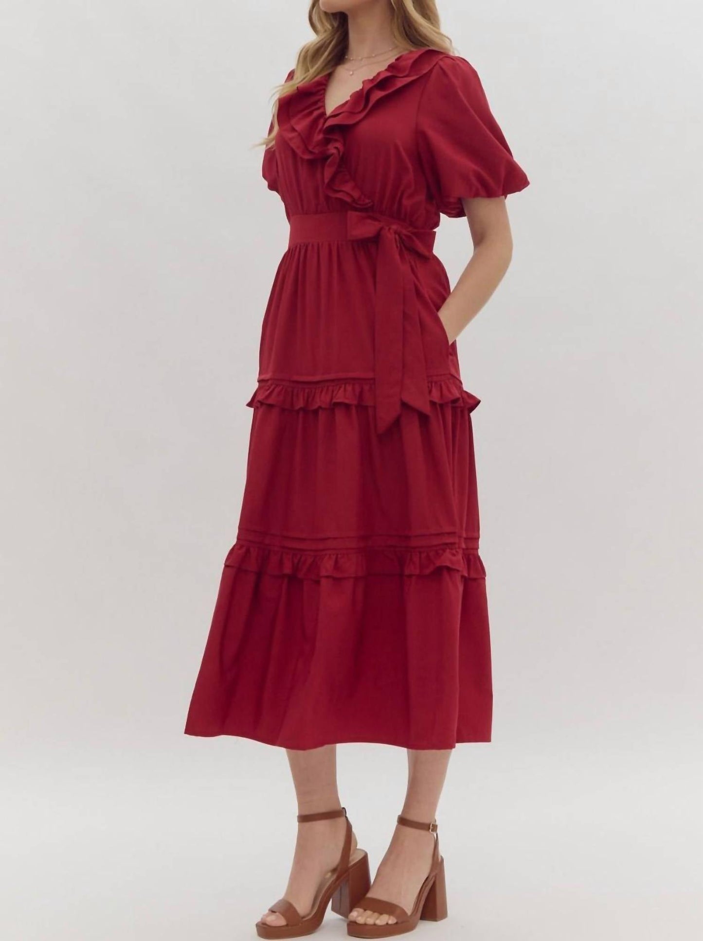 Entro - Faux Wrap Short Puff Sleeve Ruffle Detail Midi Dress