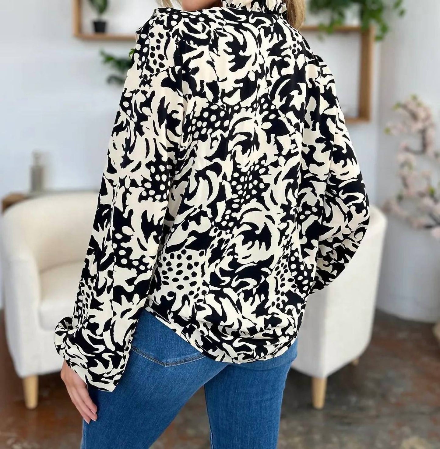 Double Take - Full Size Printed Ruffle Trim Balloon Sleeve Shirt