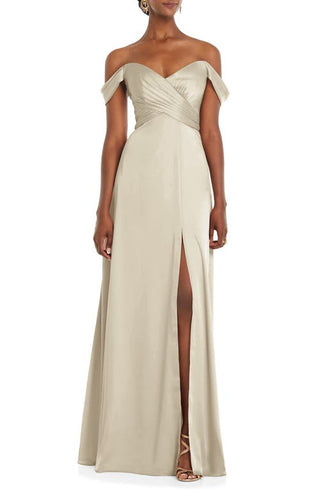 Dessy Collection Off the Shoulder Satin Gown in Champagne, Size 6