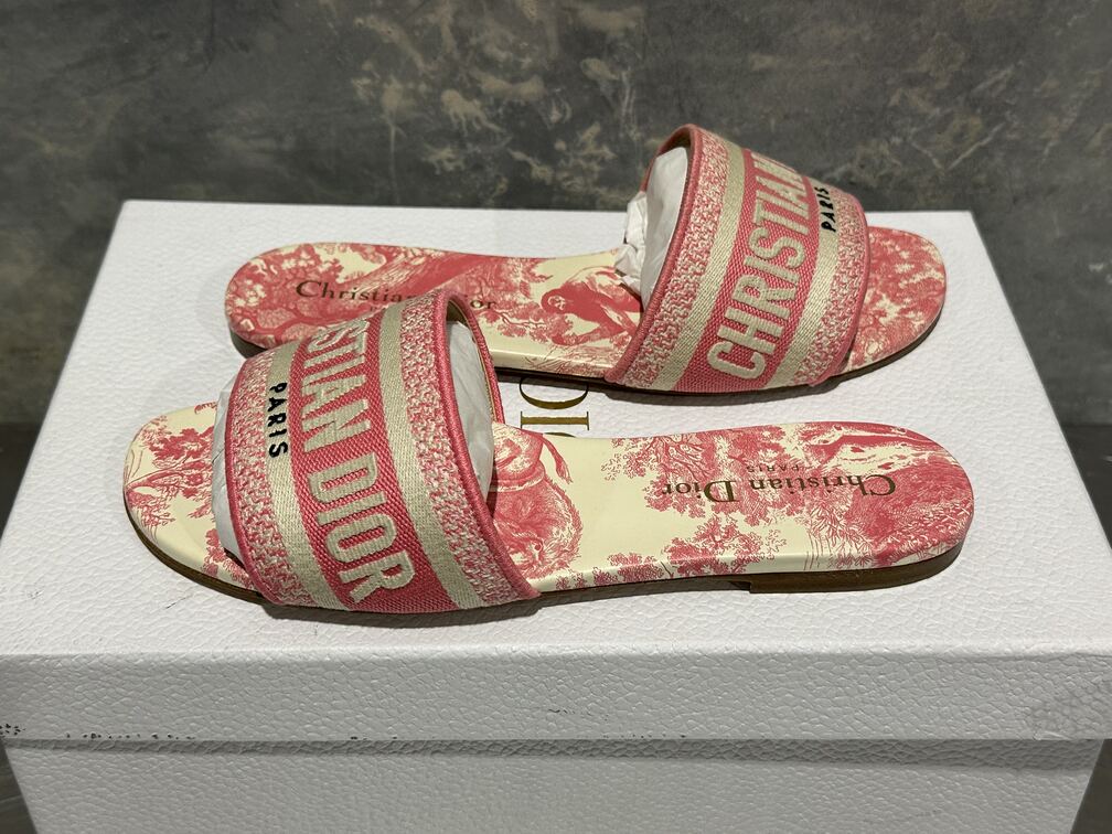 Chinelo feminino Dior Dway em algodão bordado Toile de Jouy rosa peônia, tamanho 6