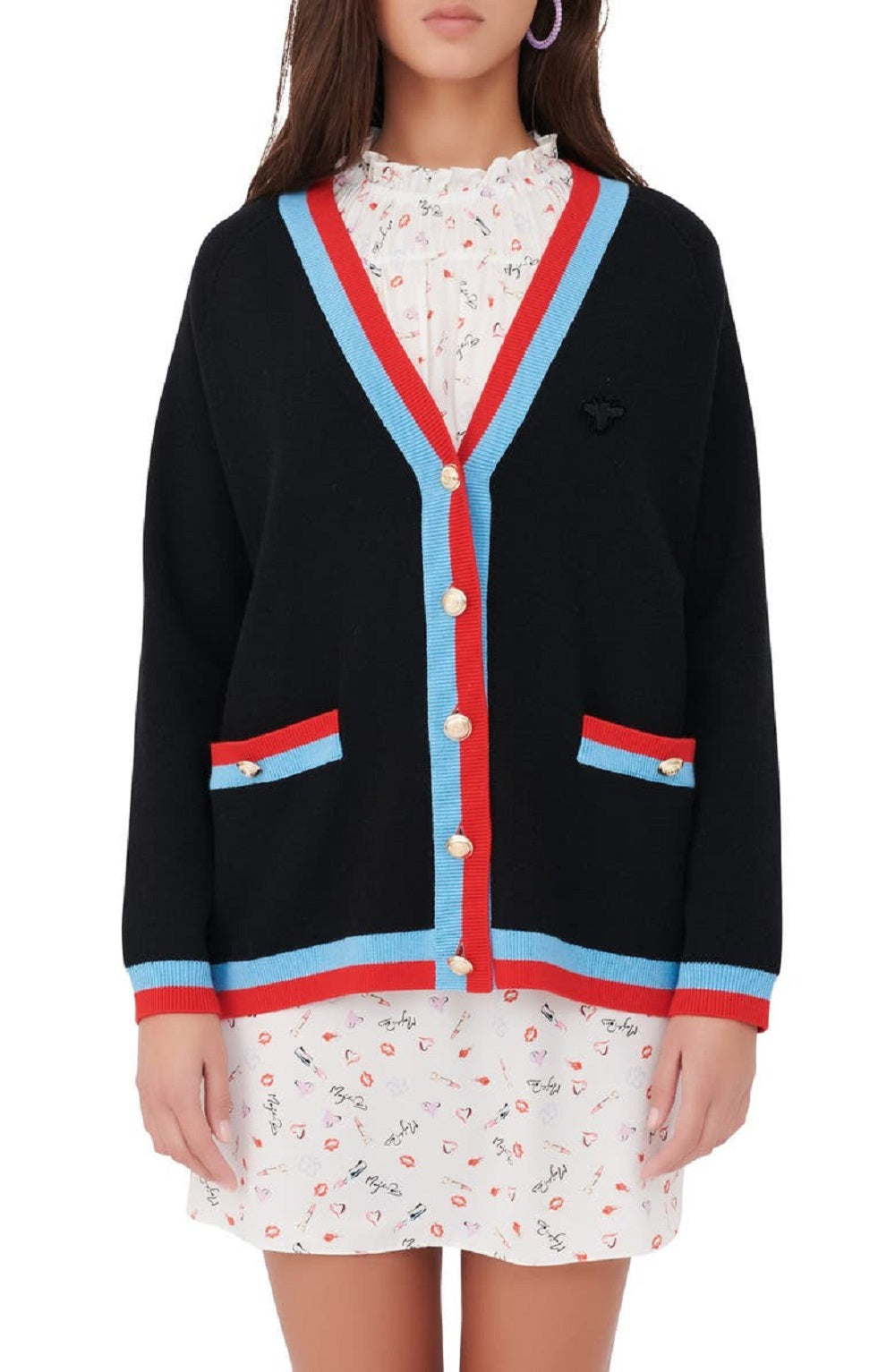 Cardigan feminino Maje Mysweetie com acabamento contrastante, preto, tamanho 2