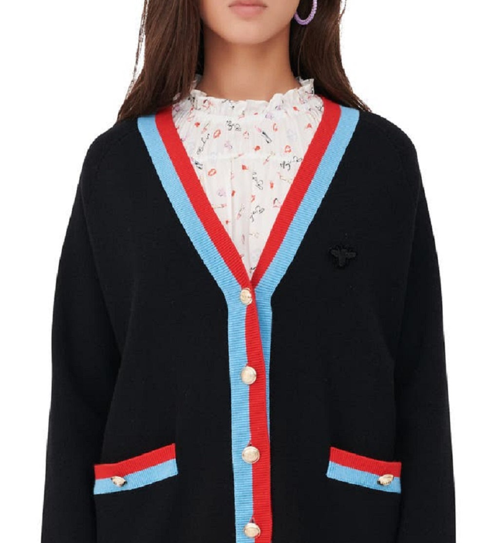 Cardigan feminino Maje Mysweetie com acabamento contrastante, preto, tamanho 2