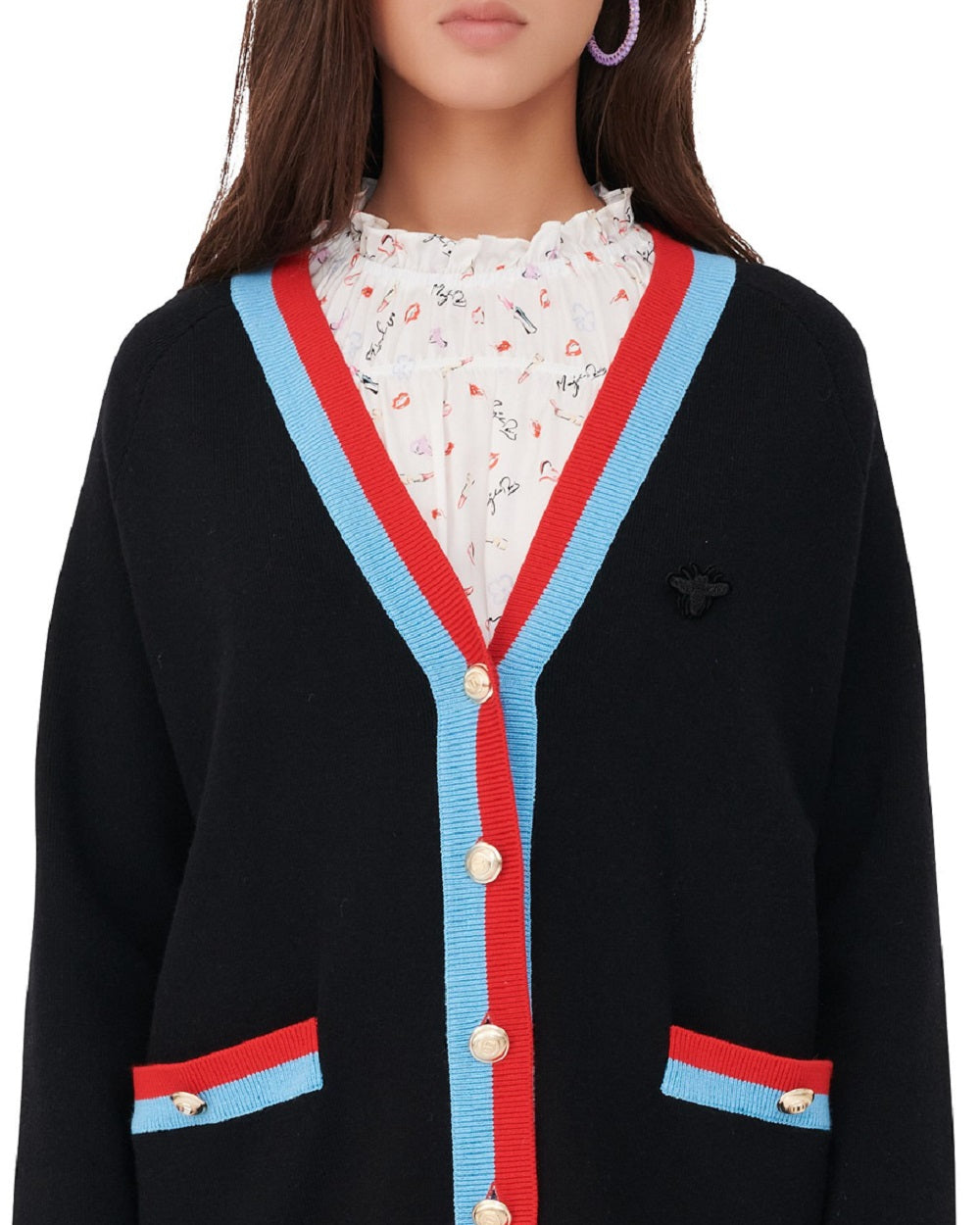 Cardigan feminino Maje Mysweetie com acabamento contrastante, preto, tamanho grande