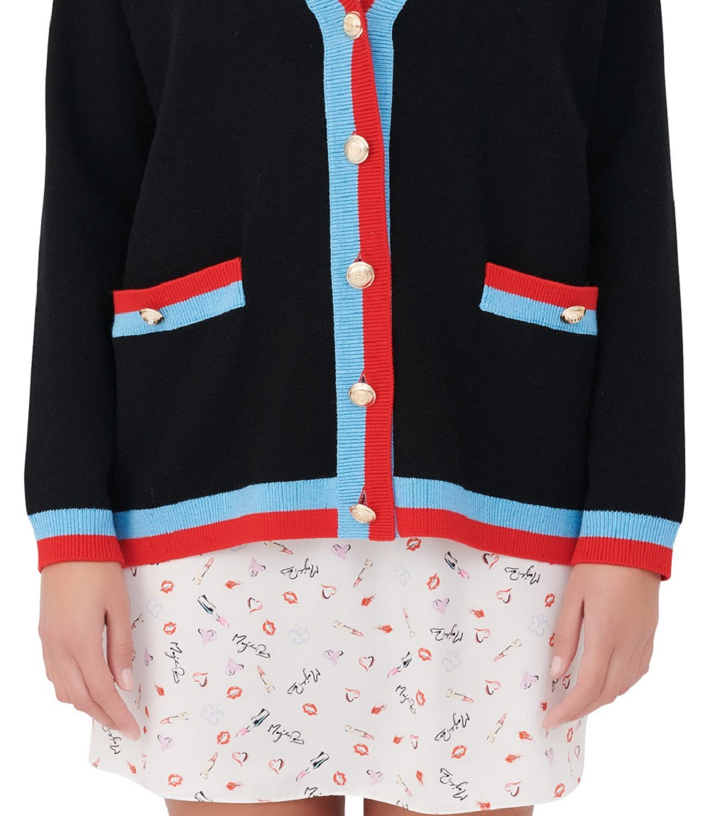 Cardigan feminino Maje Mysweetie com acabamento contrastante, preto, tamanho grande