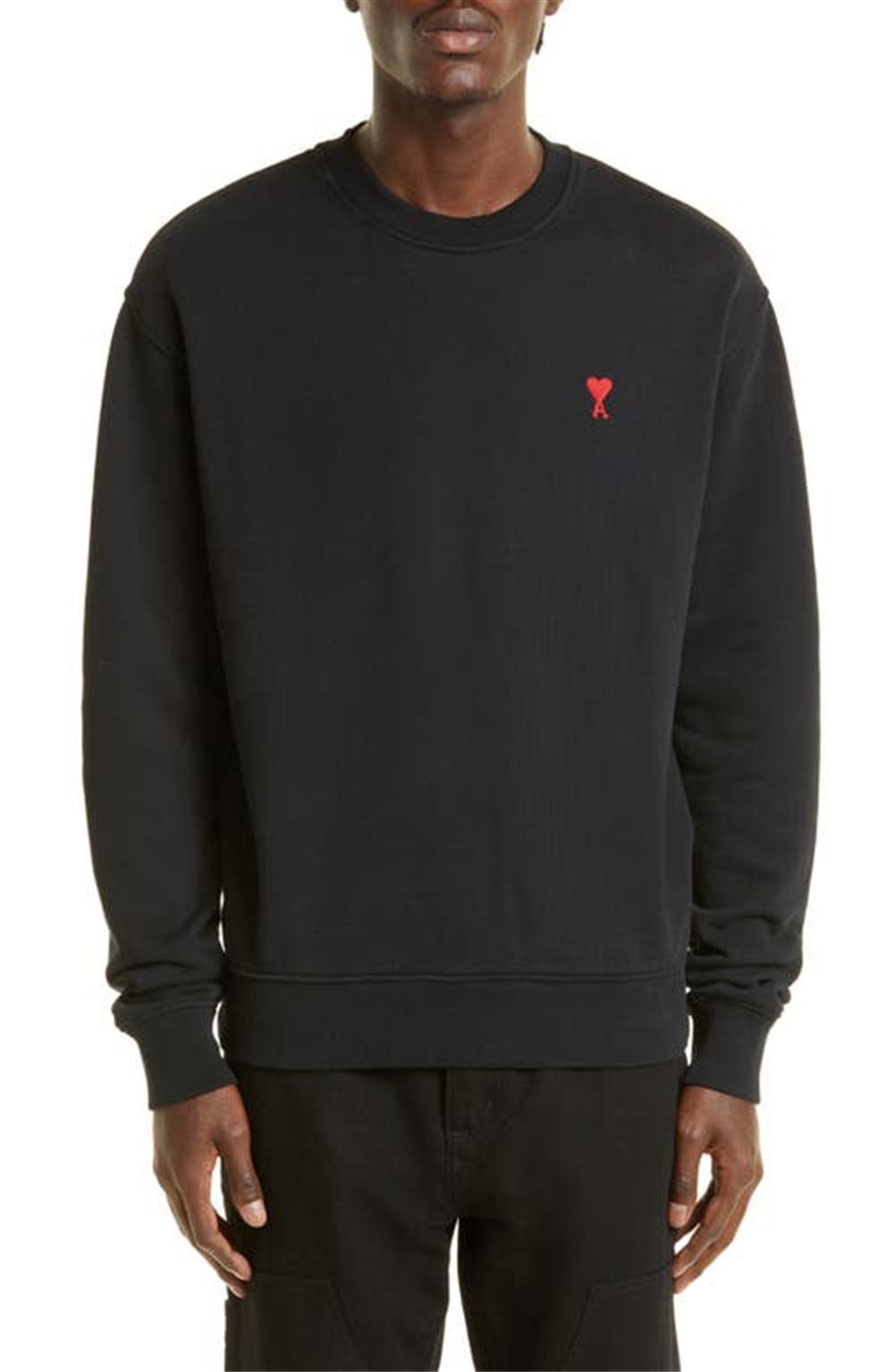 Moletom masculino Ami Paris com logotipo bordado de algodão orgânico, preto, tamanho médio