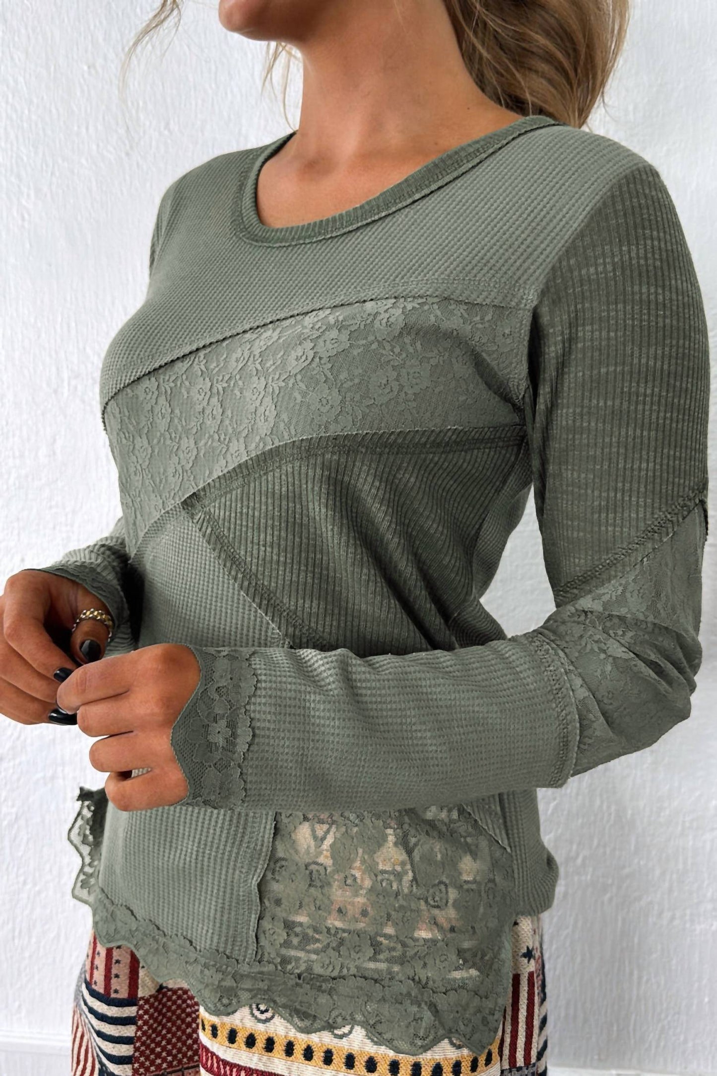 1 The Woman - Waffle Ribbed Lace Patchwork Long Sleeve Top