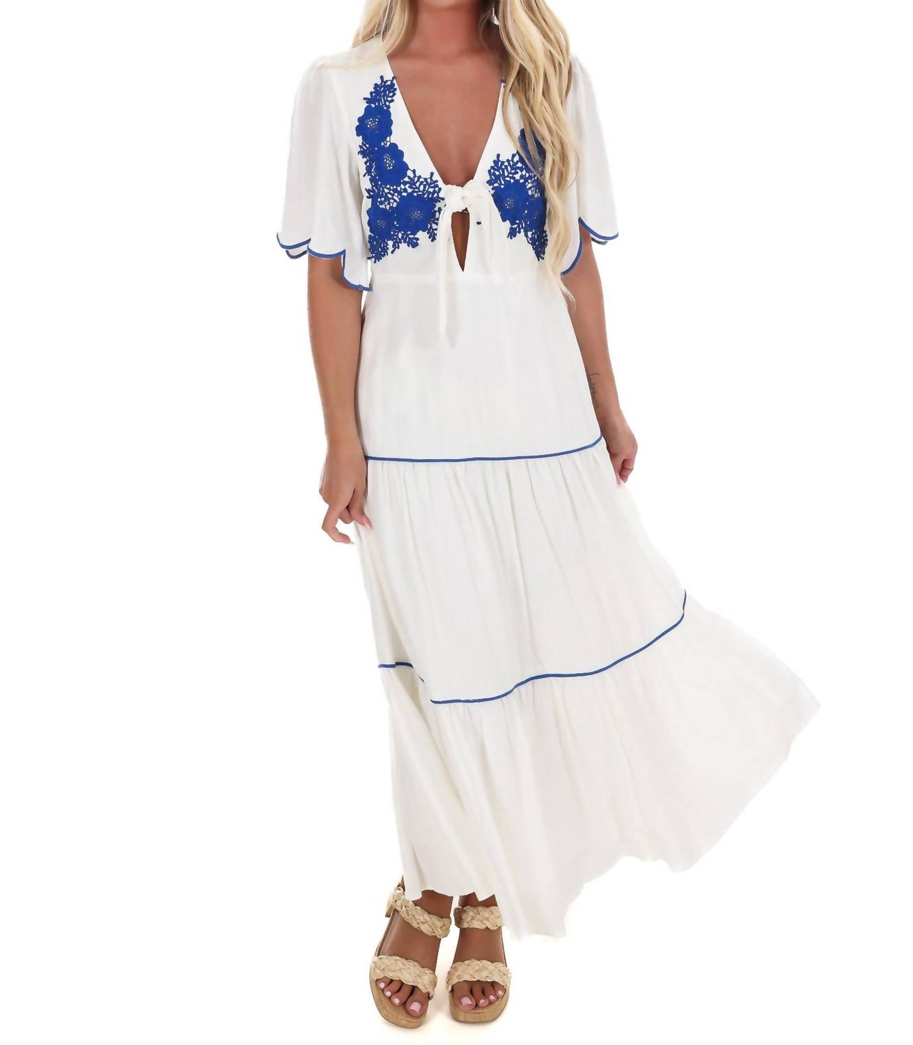 Blue Blush - Embroidered Dreams Tiered Midi Dress