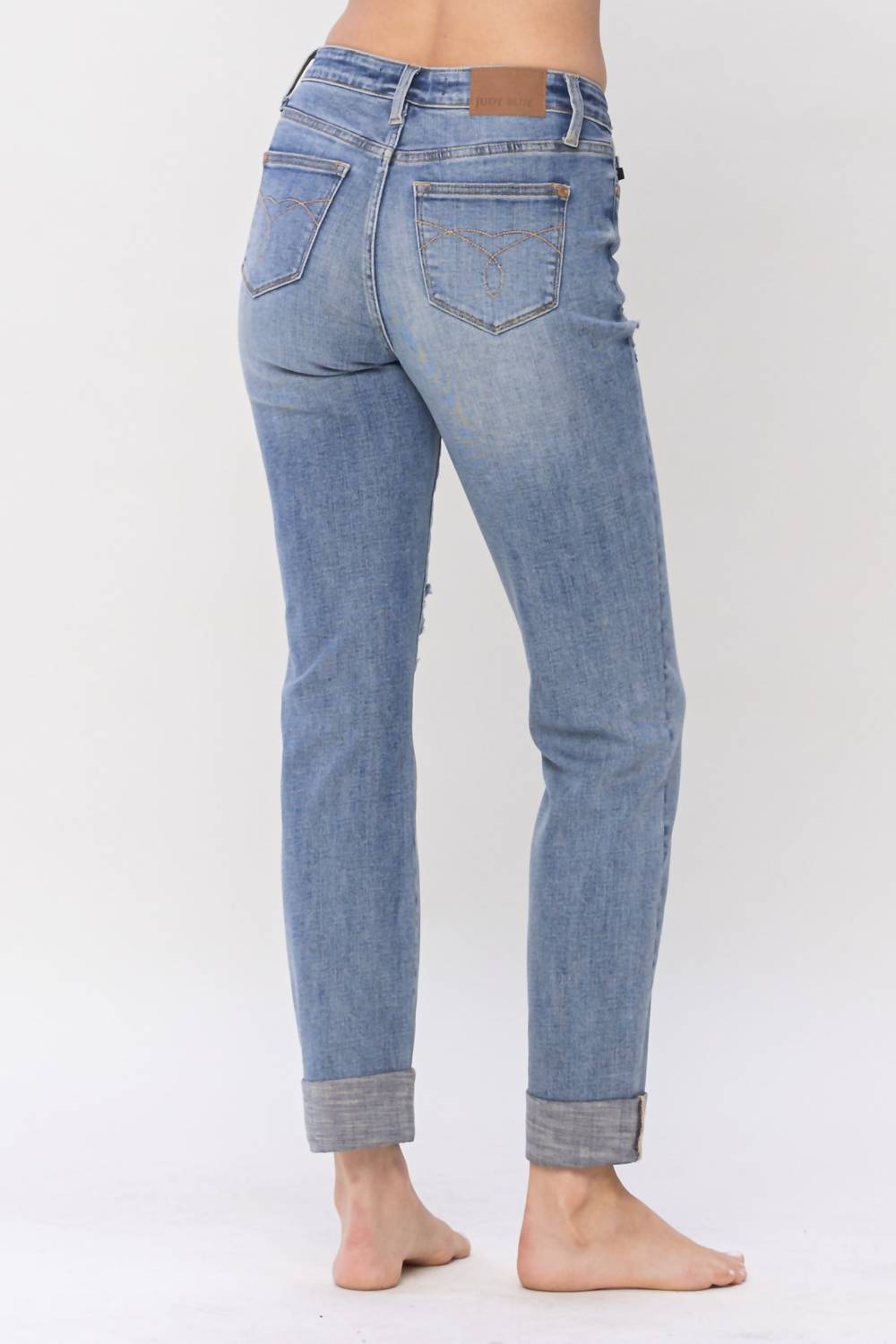 Judy Blue - Mid Rise Knee Destroyed Cuffed Long Boyfriend Denim Jeans