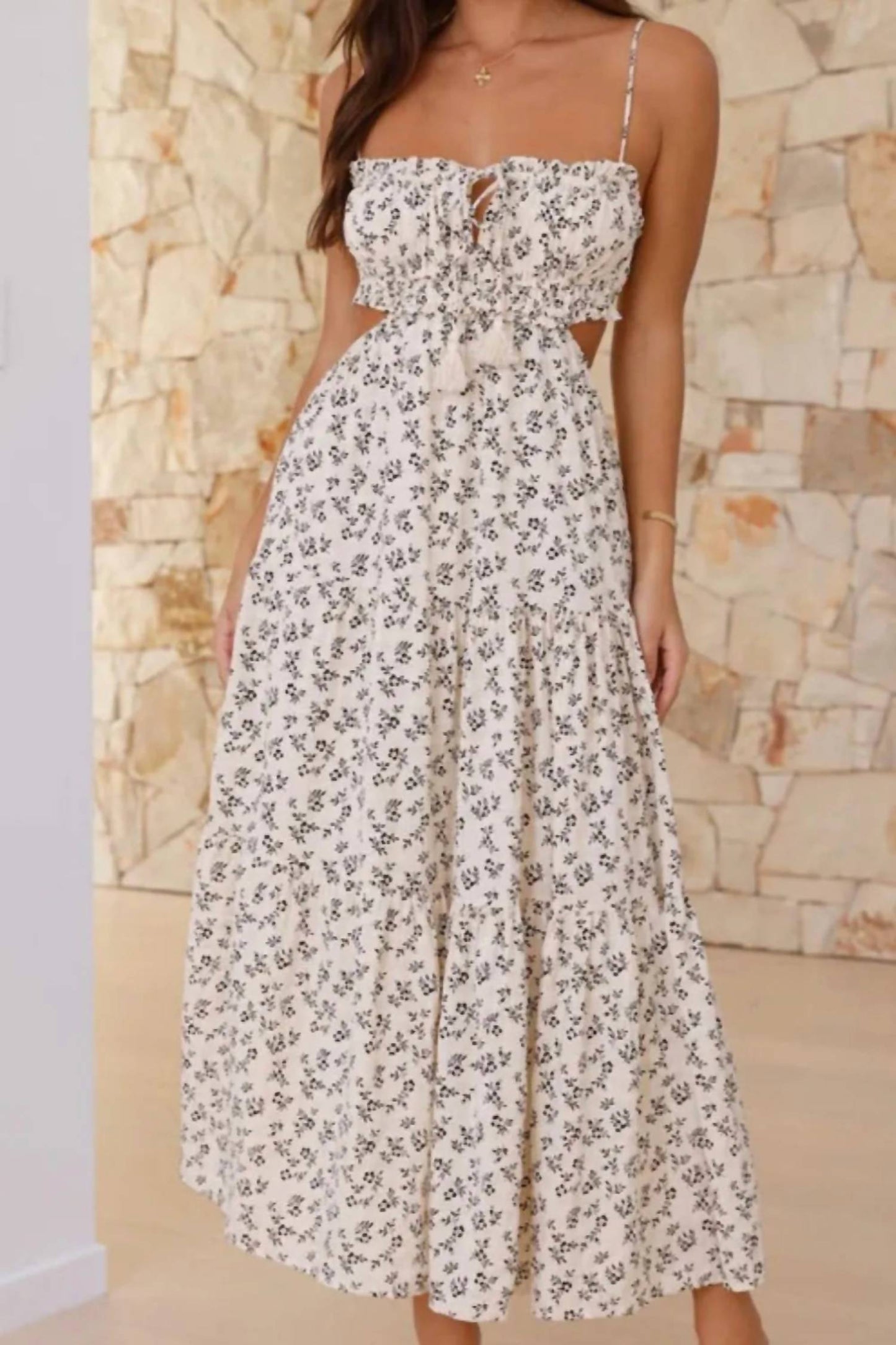 Trendsi - Cutout Printed Sleeveless Midi Cami Dress