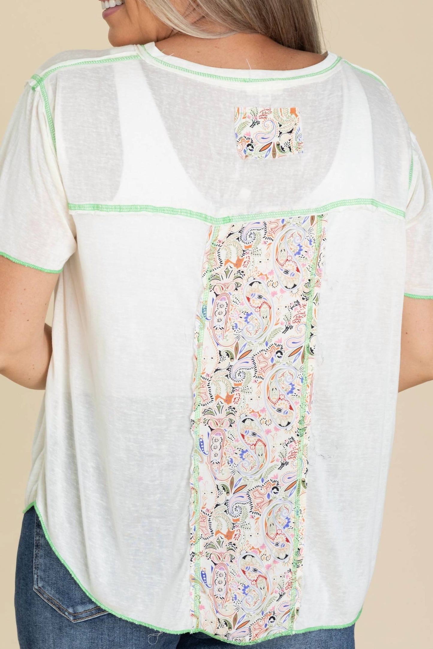 Pol - V-neck Contrast Seam Mixed Print Top