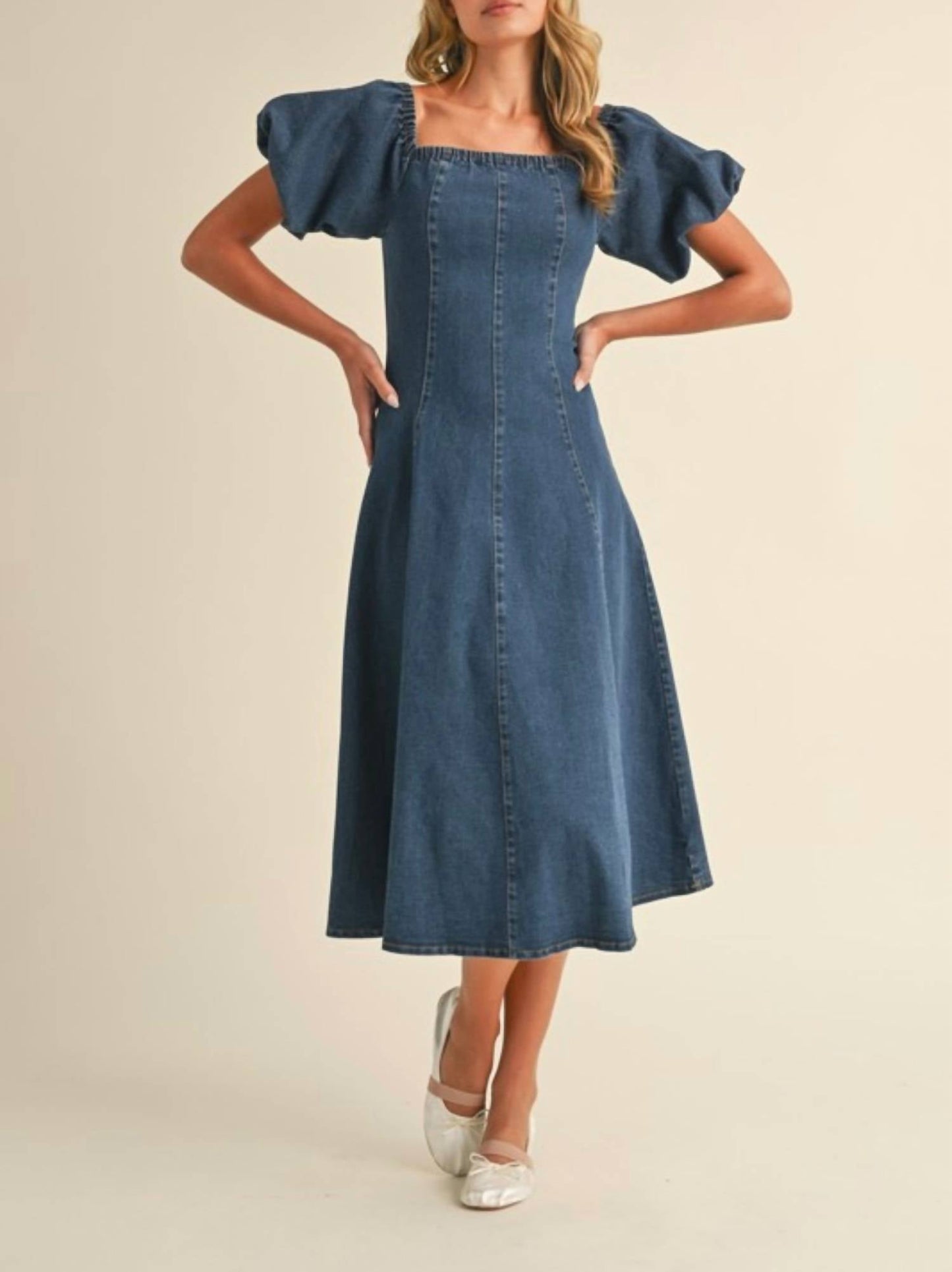 Klesis - Denim Puff Sleeve A-Line Midi Dress