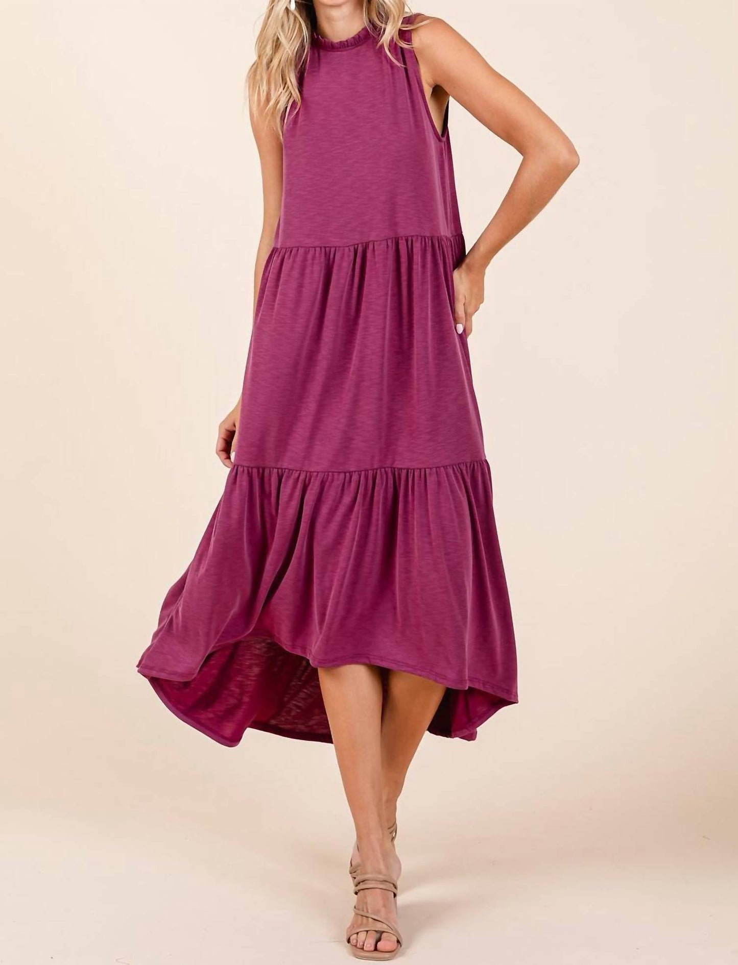 Mittoshop - Ruffle Mock Neck Hi Low Maxi Dress