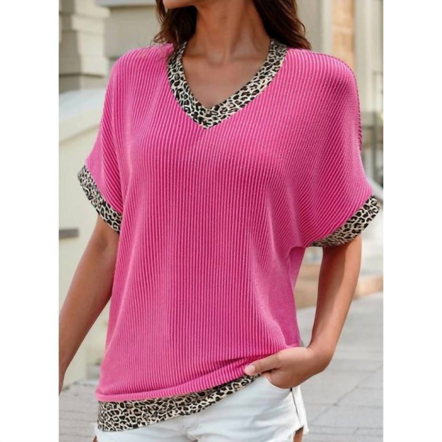 1 The Woman - Leopard Trim V-neck Top
