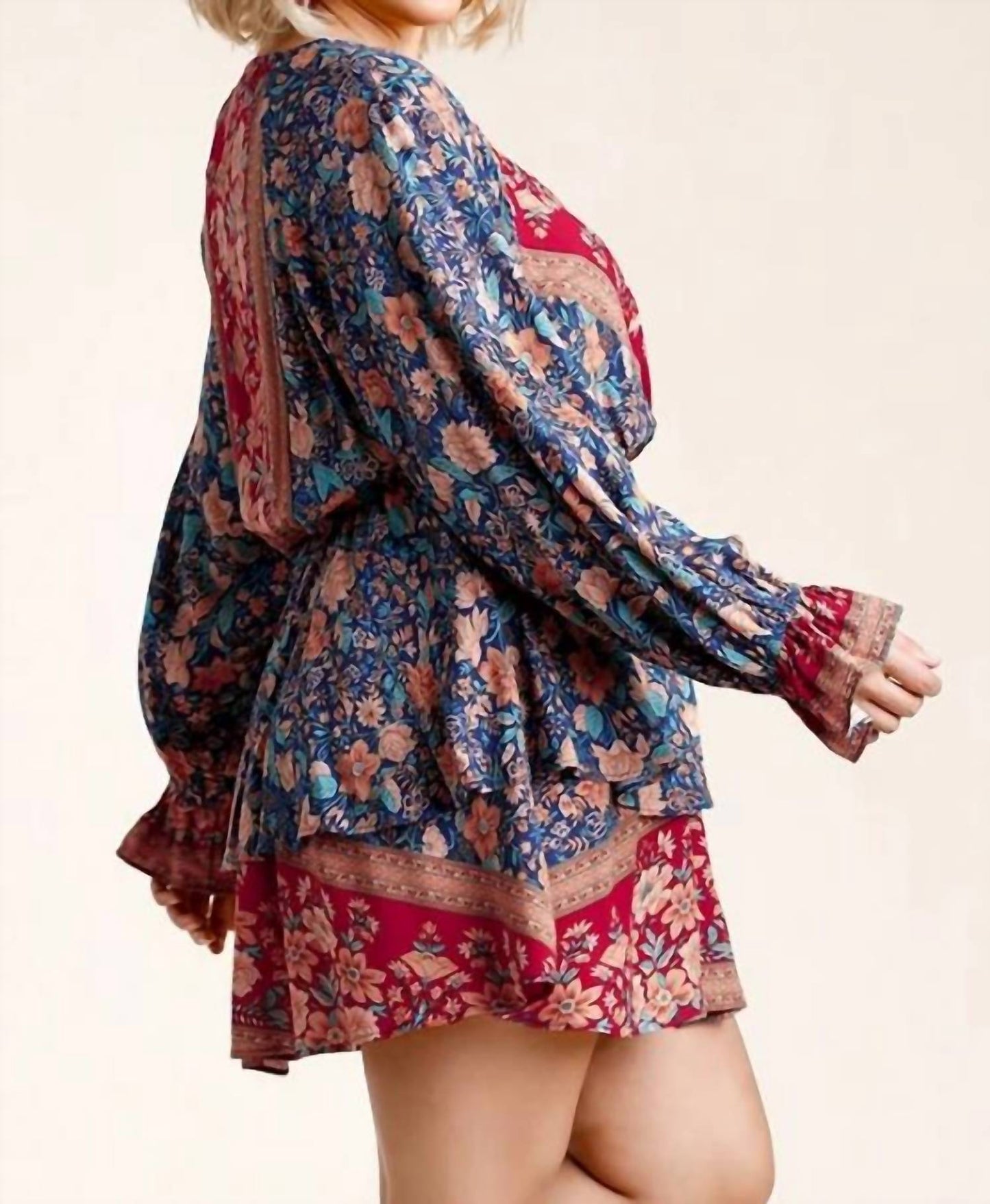 Umgee - Floral Border Print Layered Mini Dress