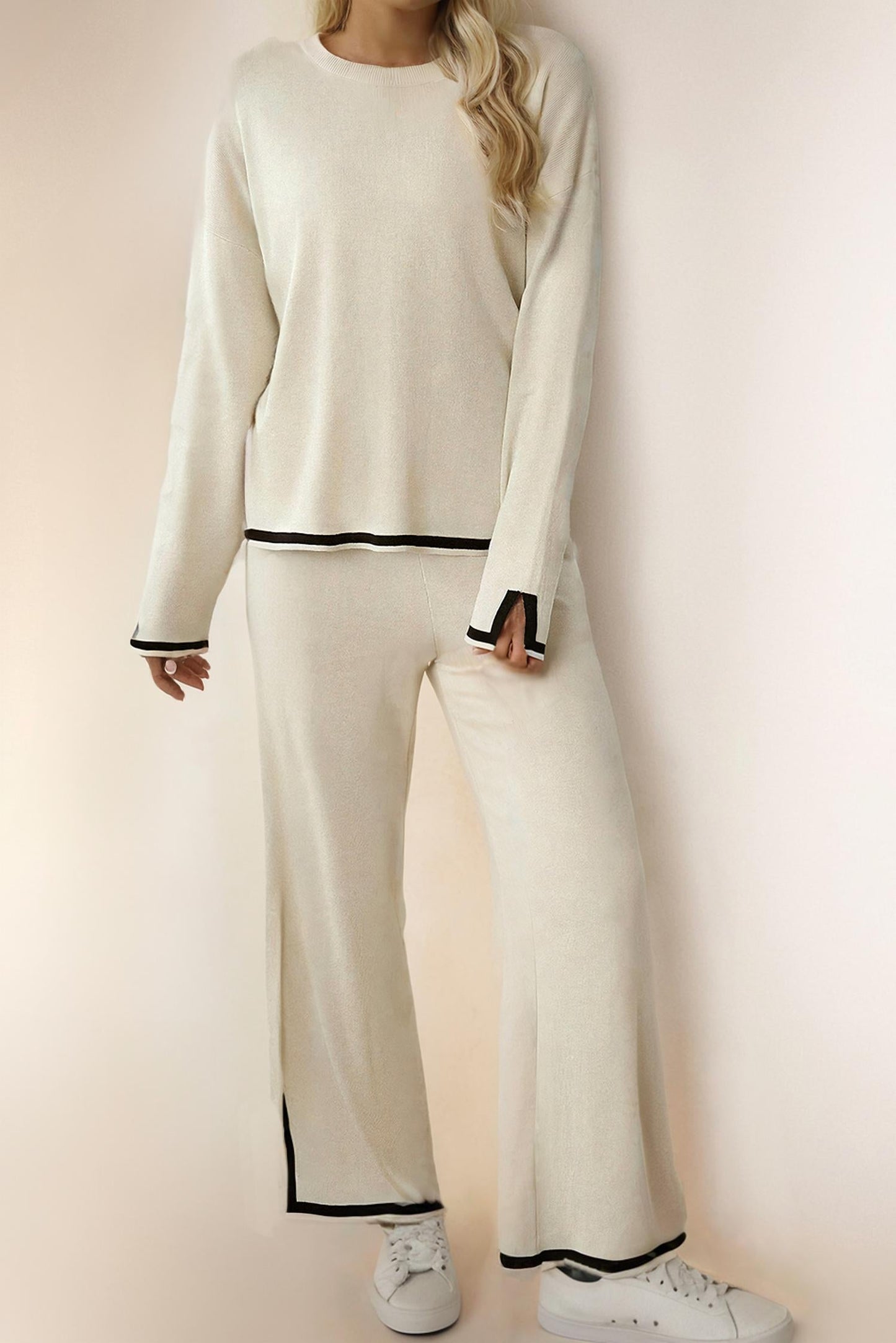 La Society - Contrast Trim Split Long Sleeve Sweater Lounge Set