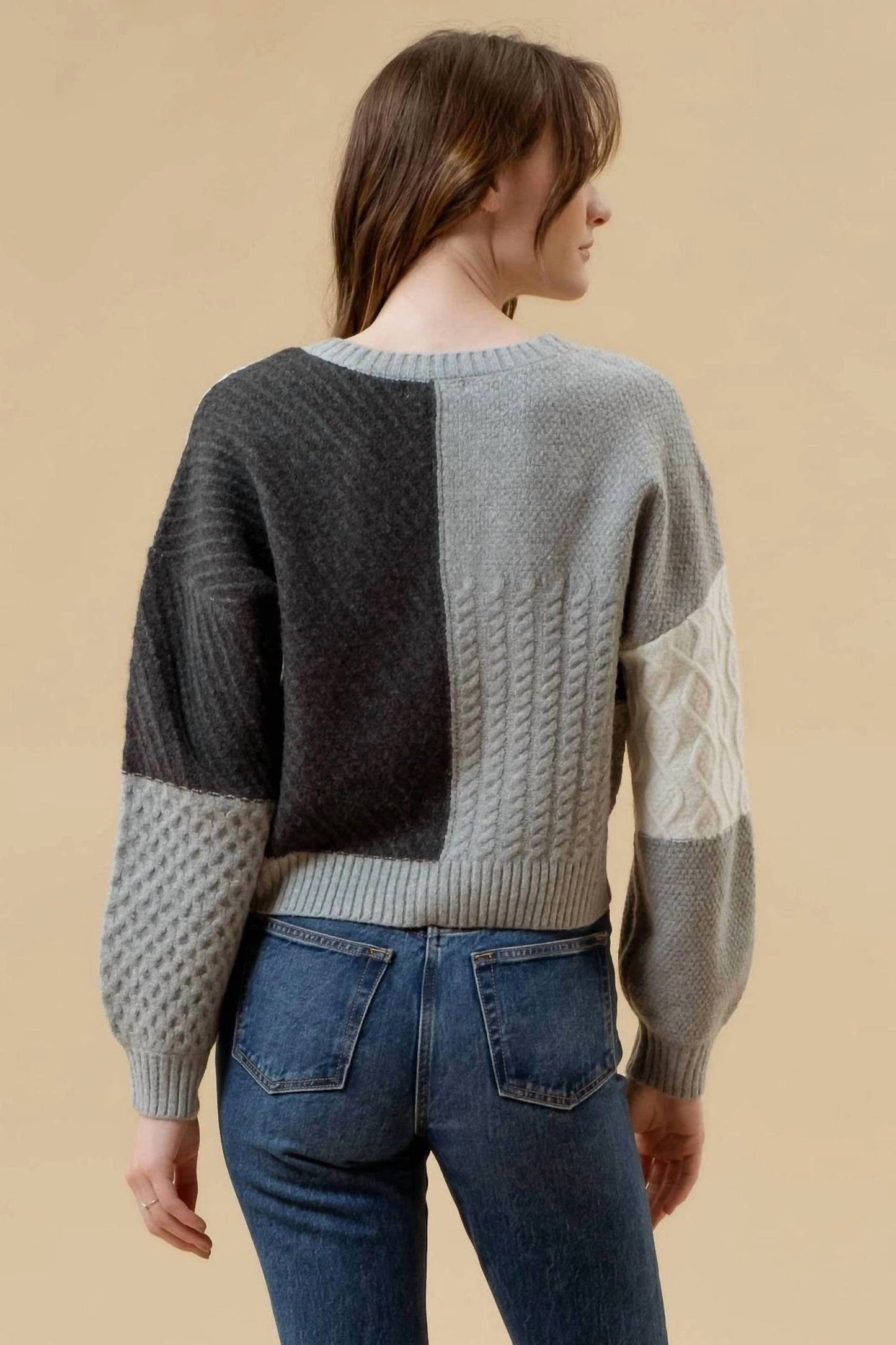 Blu Pepper - V-neck Patchwork Cable Knit Cardigan