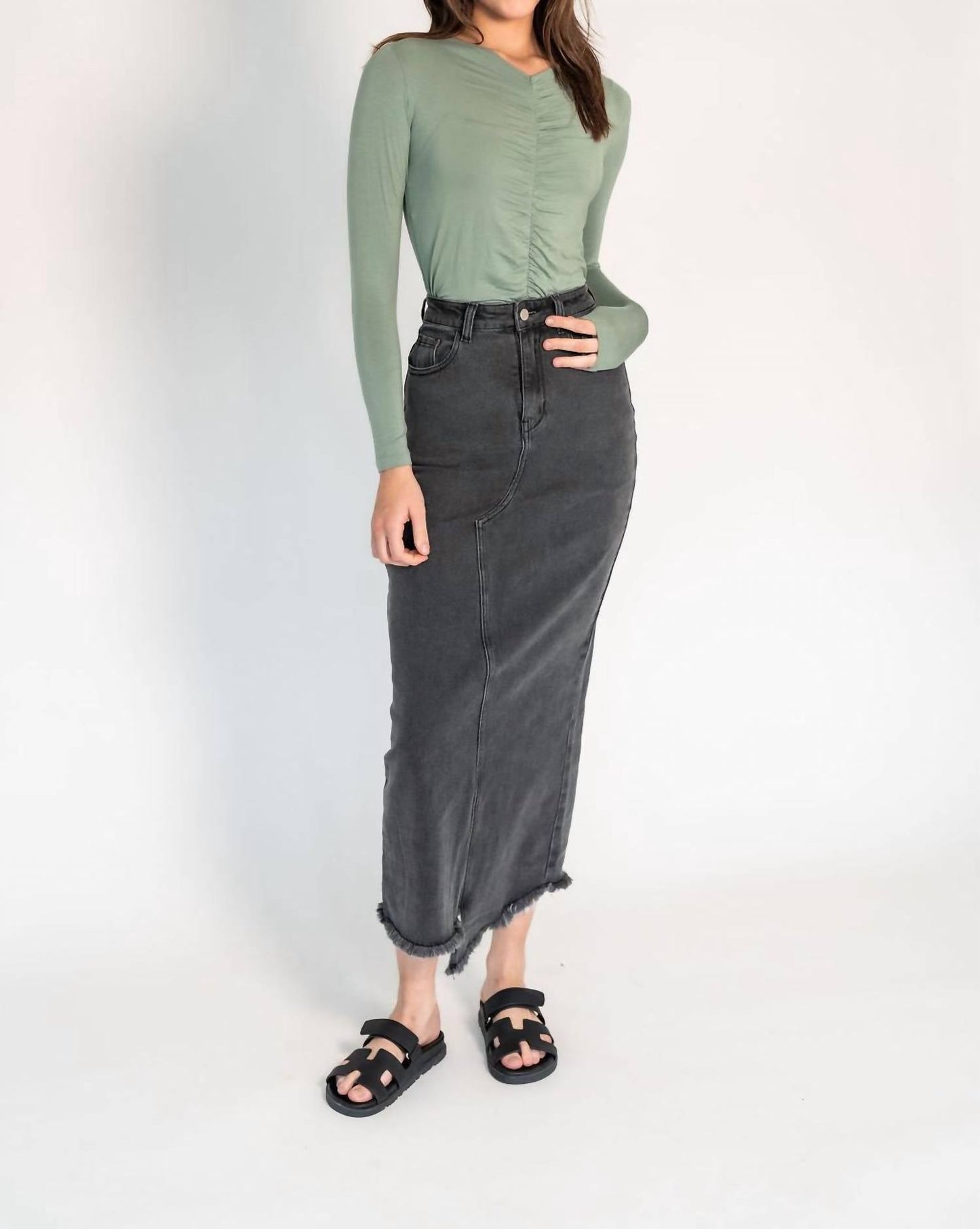 Recollection Brand - Frayed Hem Asymmetrical Stretch Denim Maxi Skirt