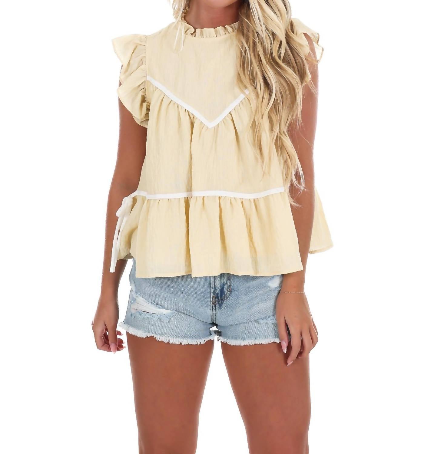 Blue Blush - Ribbon & Ruffle Contrast Top