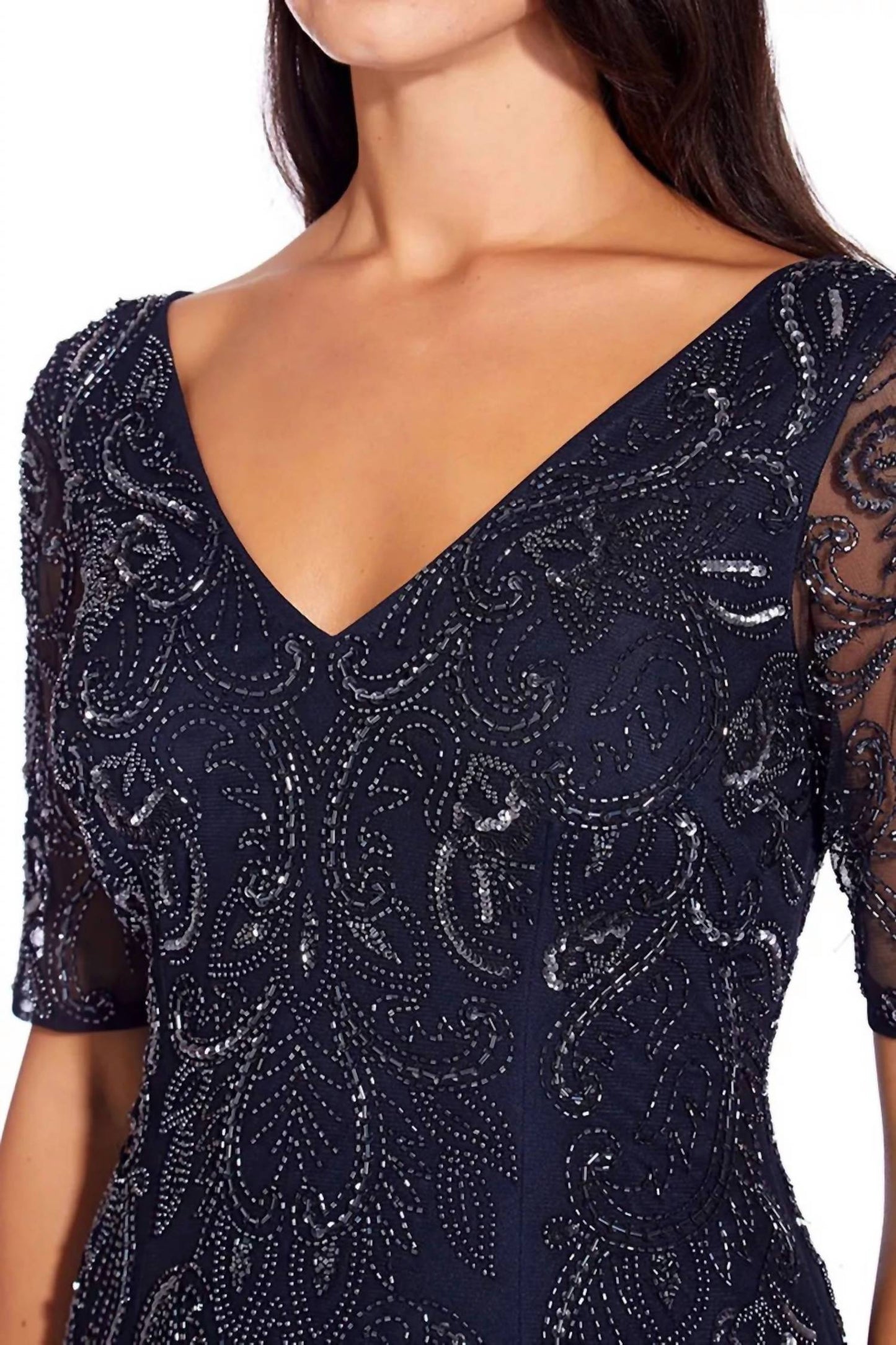 Adrianna Papell - V-neck Sequined Mermaid Mesh Gown