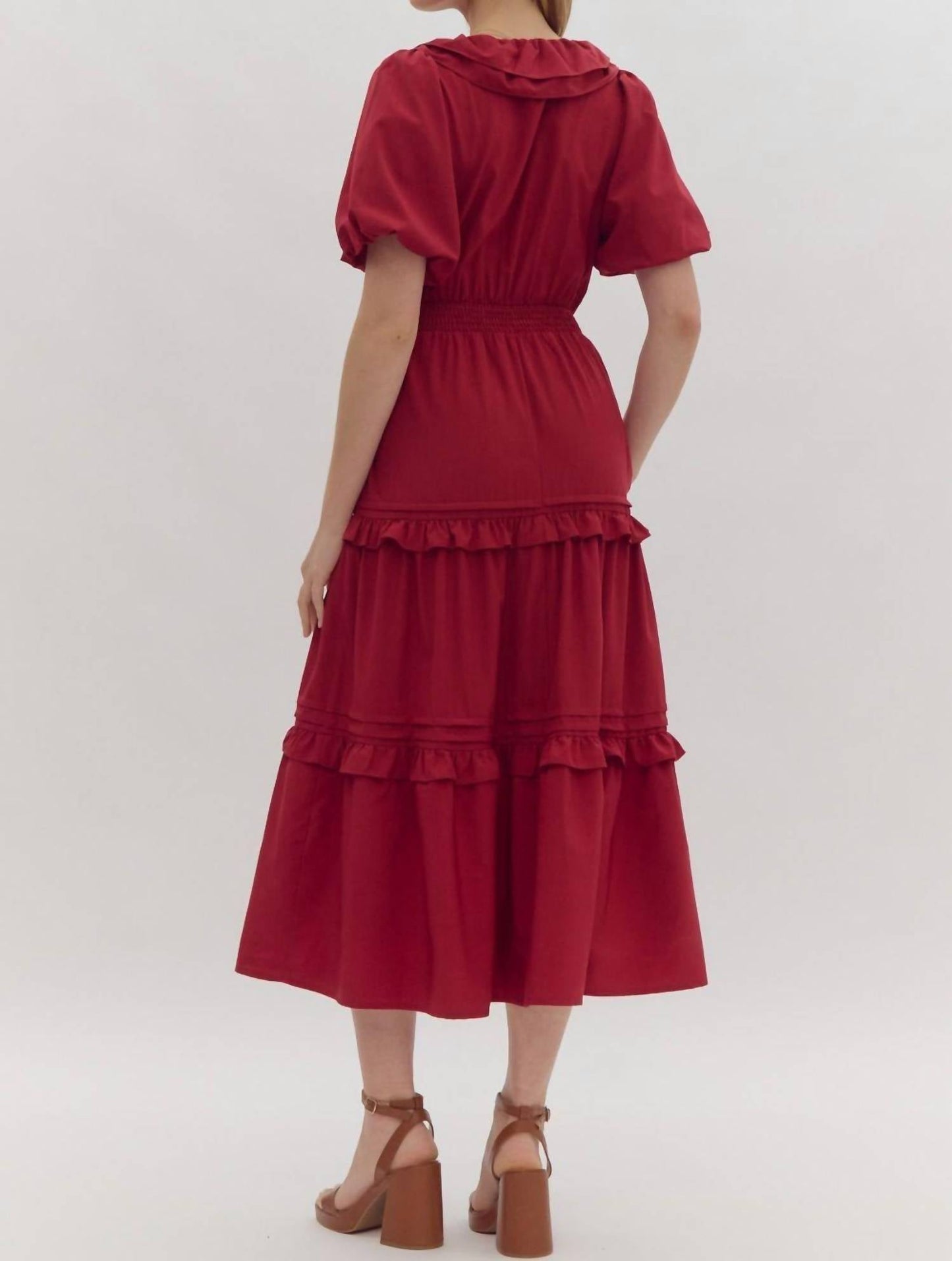 Entro - Faux Wrap Short Puff Sleeve Ruffle Detail Midi Dress