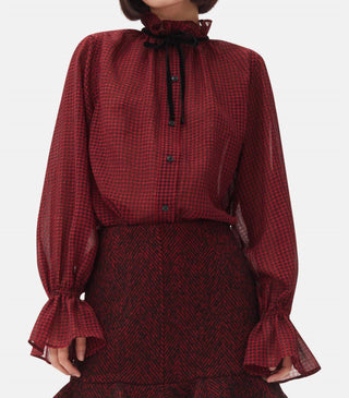 Ganni - Camisa vermelha transparente com cordão e amarração