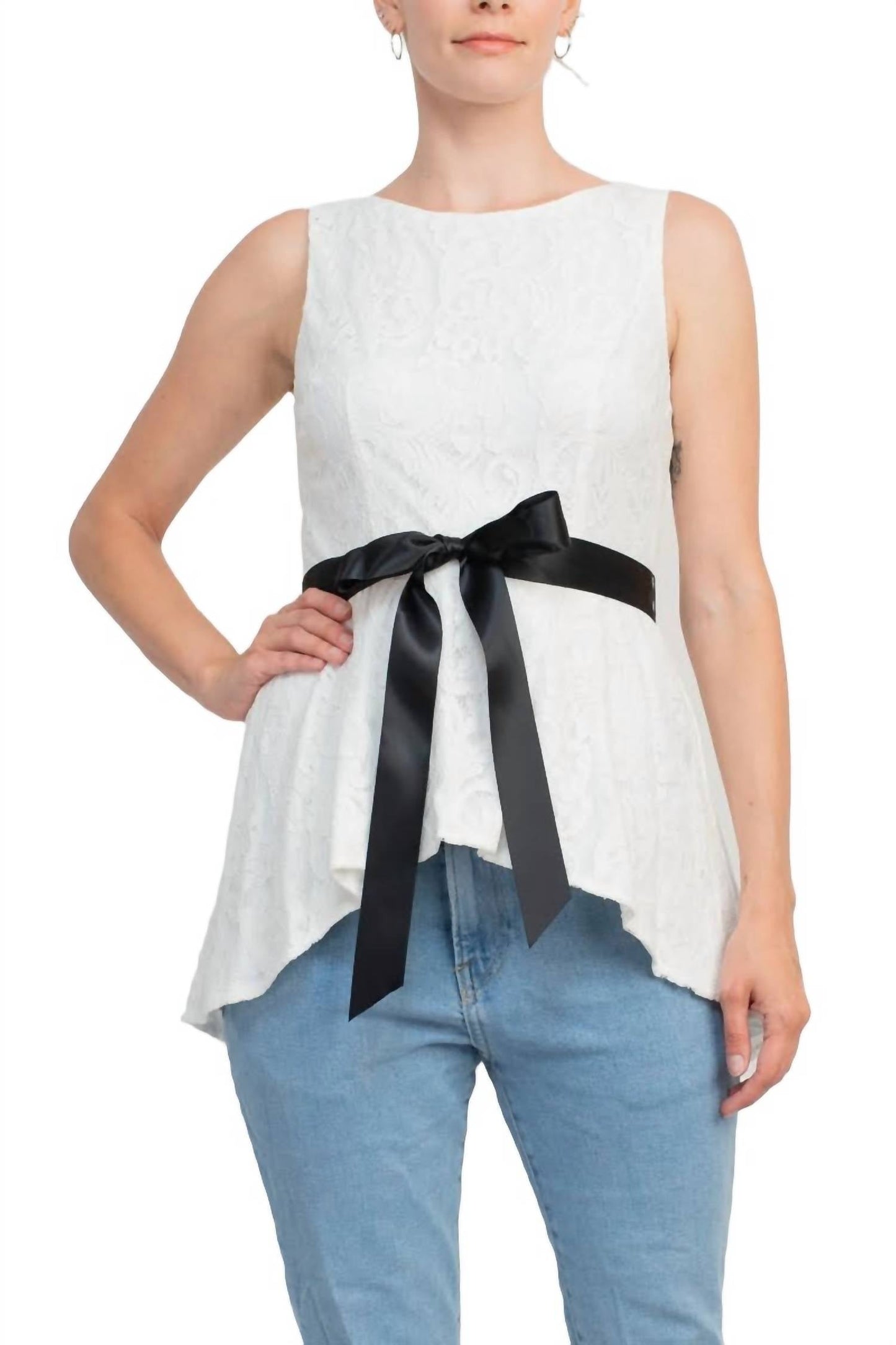 Adrianna Papell - Tie Waist High Low Hem Lace Top