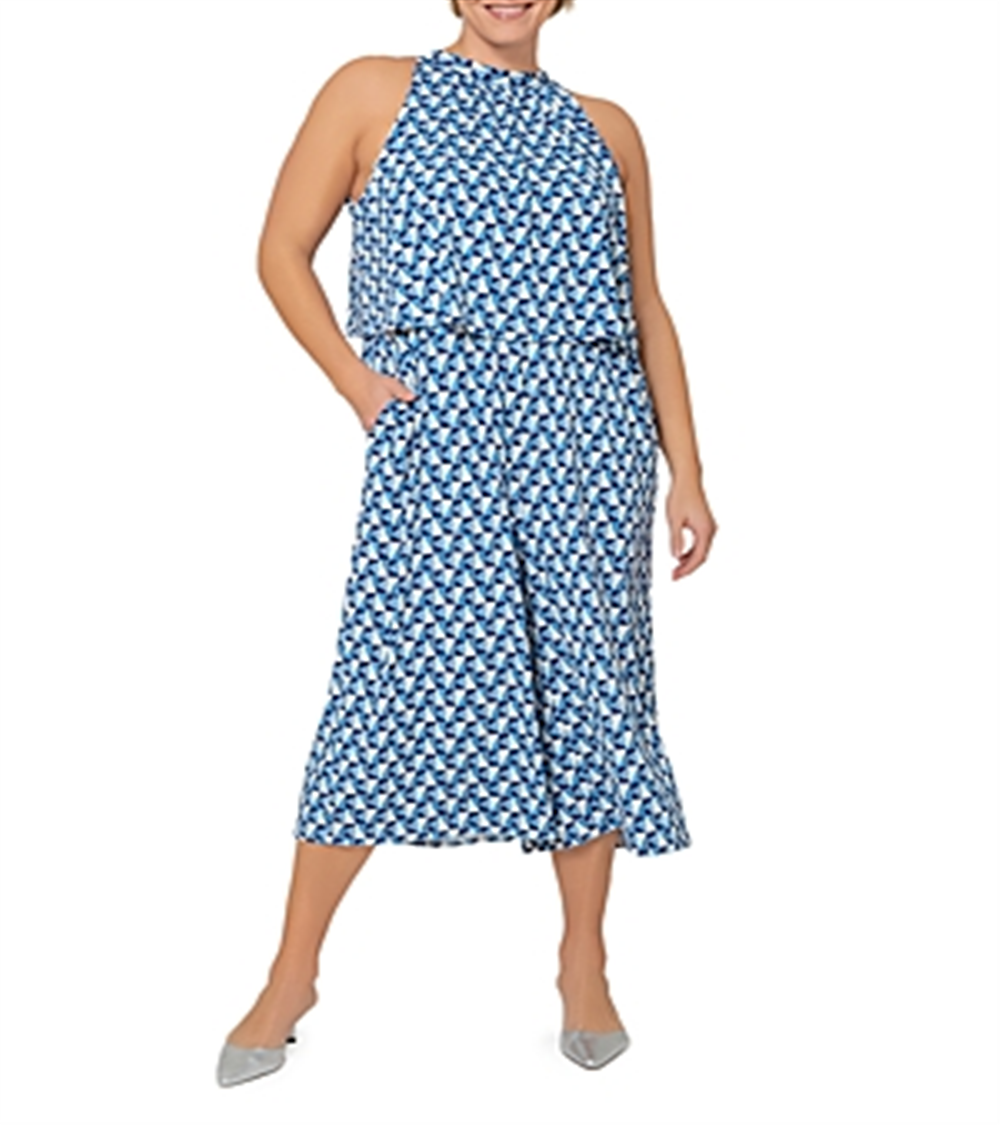 Leota Feminino Sunrise Geo Sea of ​​Belize Marshmallow Lord &amp; Taylor Skyler Cropped Macacão Vestido Azul Tamanho 3X